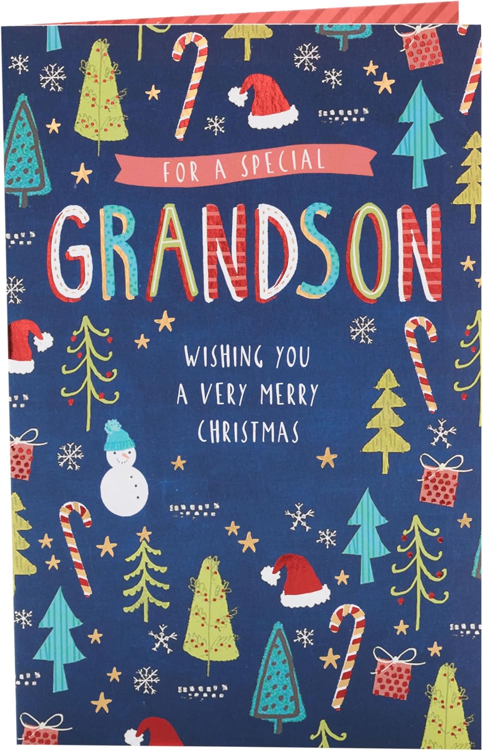 UK Greetings Christmas card for grandson featuring a festive pattern design, ideal for holiday greeting occasions.
