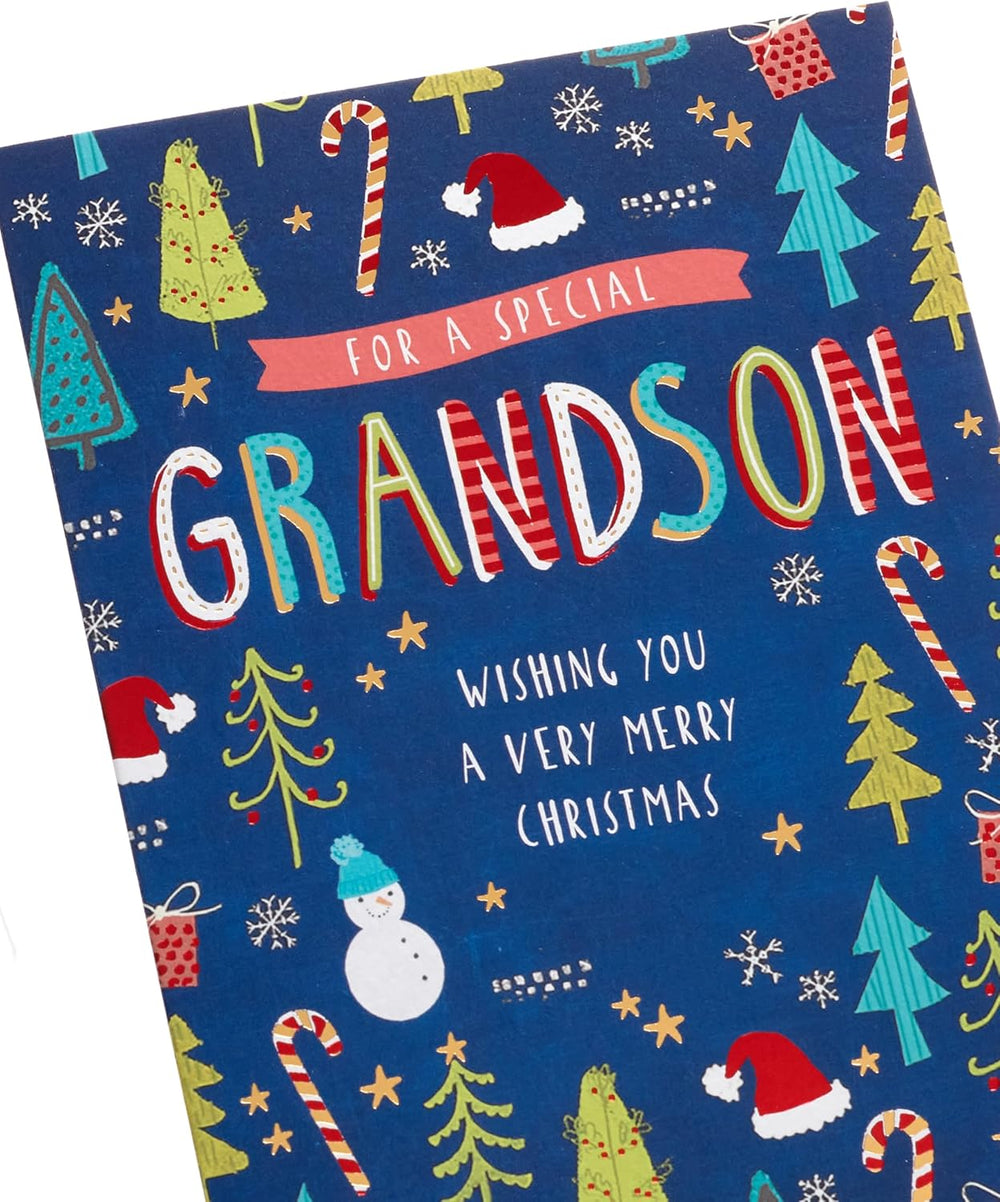 UK Greetings Christmas greeting card for grandson featuring a festive pattern design, perfect for holiday wishes.