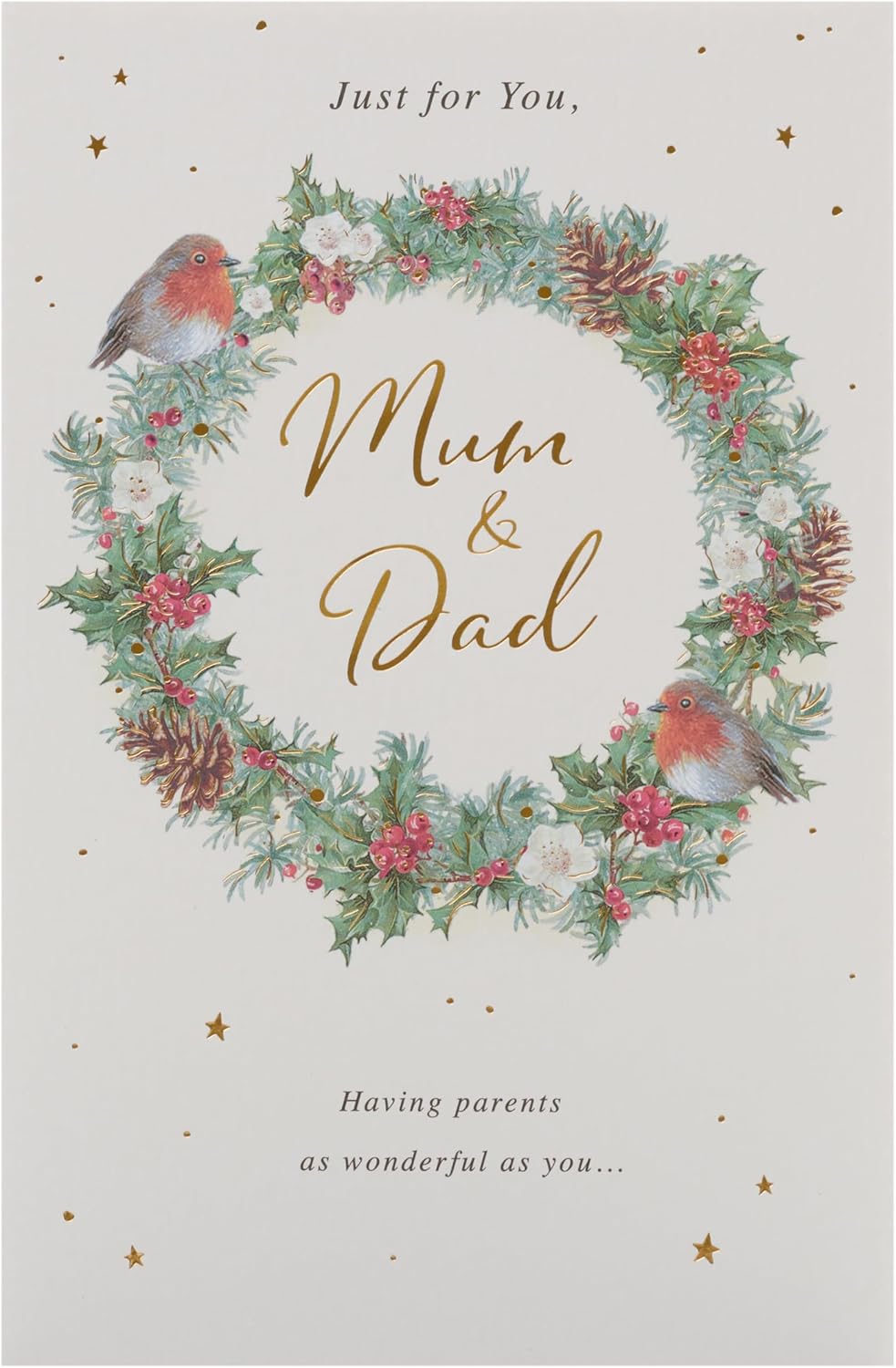 UK Greetings Christmas greeting card for Mum and Dad with a festive wreath design, featuring holiday-themed artwork.