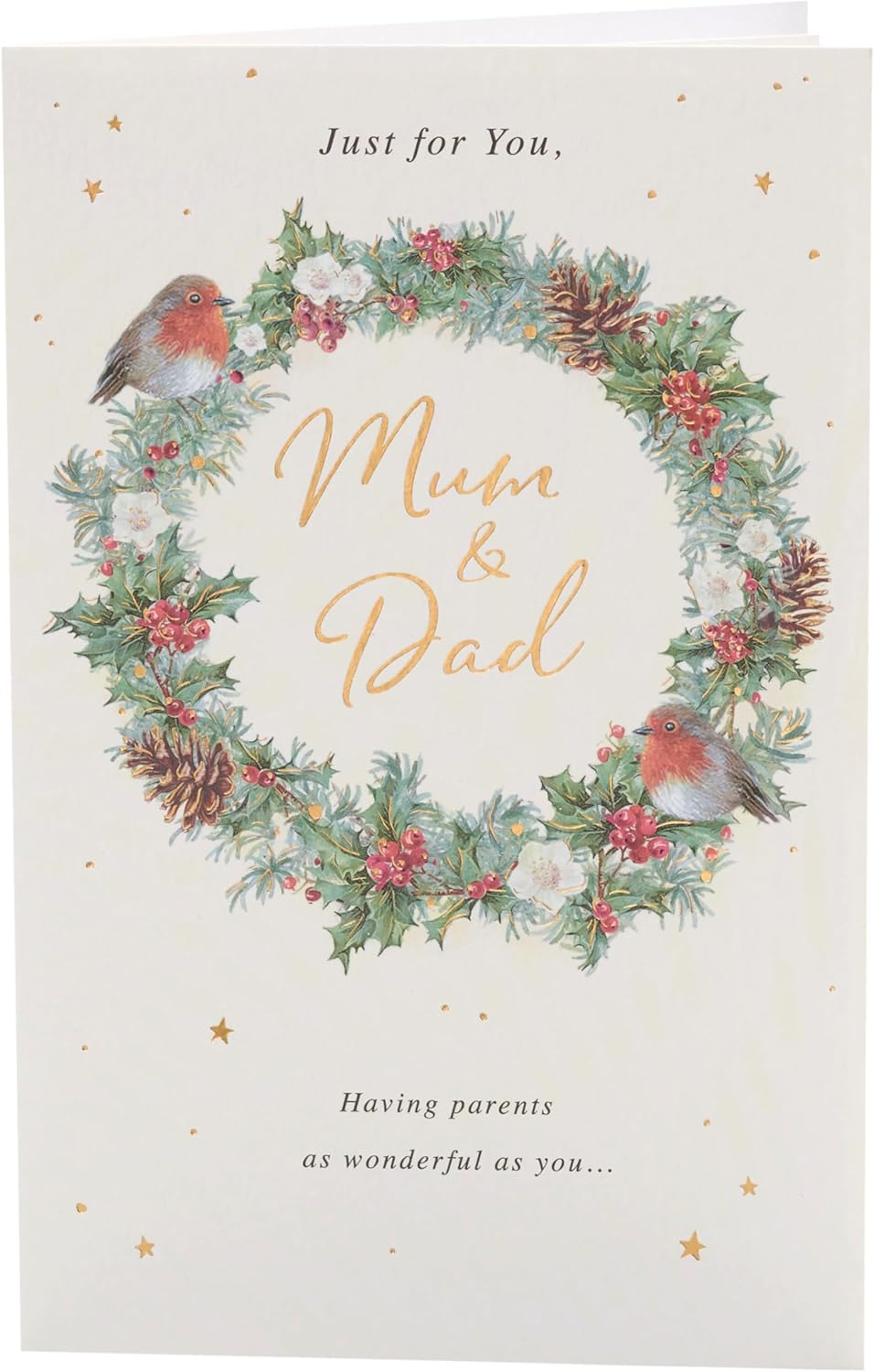 UK Greetings Christmas greeting card for Mum and Dad featuring a festive wreath design and holiday-themed artwork.