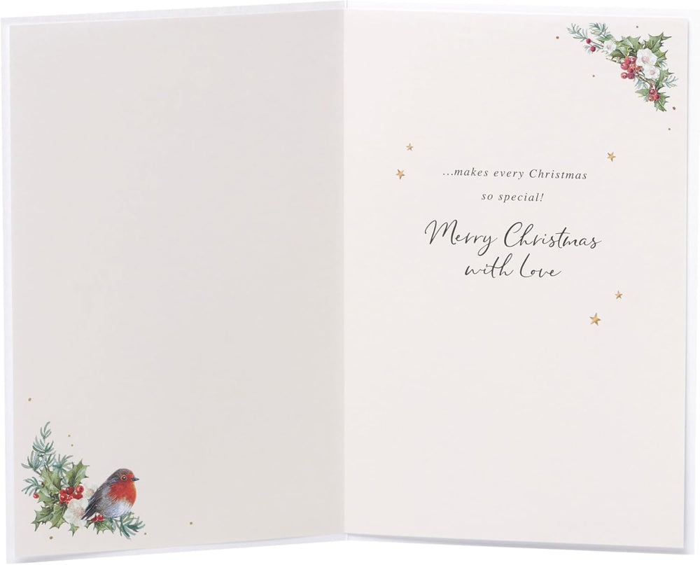UK Greetings Christmas card for Mum and Dad featuring a festive wreath design, ideal for holiday greeting wishes.