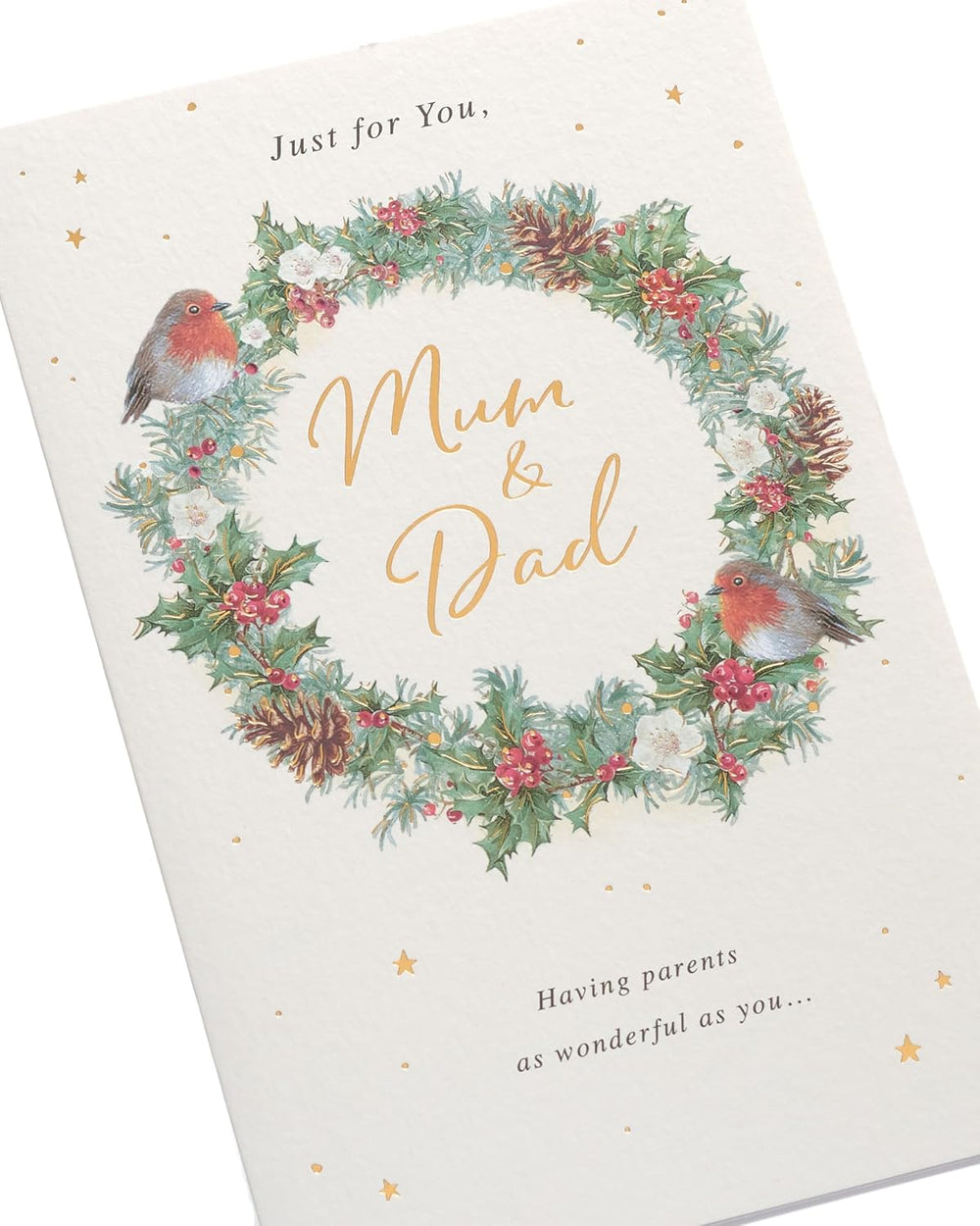 UK Greetings Christmas greeting card for Mum and Dad featuring a festive wreath design and holiday-themed artwork.