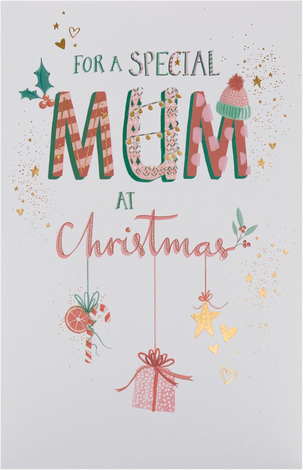 UK Greetings Christmas card for mum featuring hanging ornaments design with festive holiday imagery.