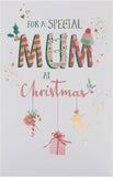 UK Greetings Christmas card for mum featuring hanging ornaments design with festive holiday imagery.