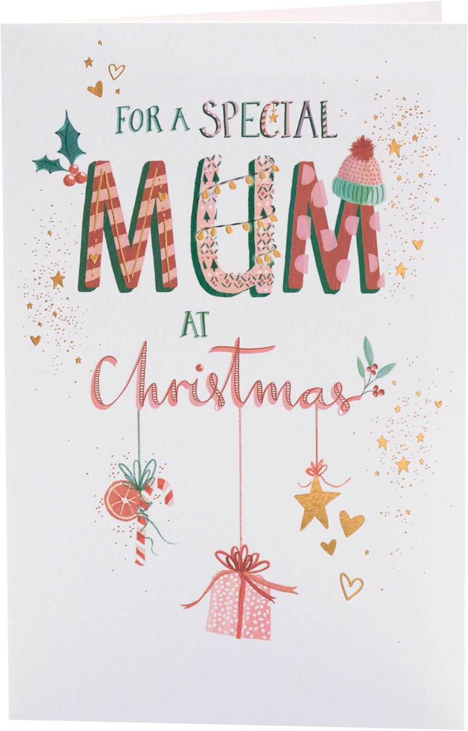 UK Greetings Christmas card for Mum with hanging ornaments design, featuring festive holiday imagery and decorative ornaments.