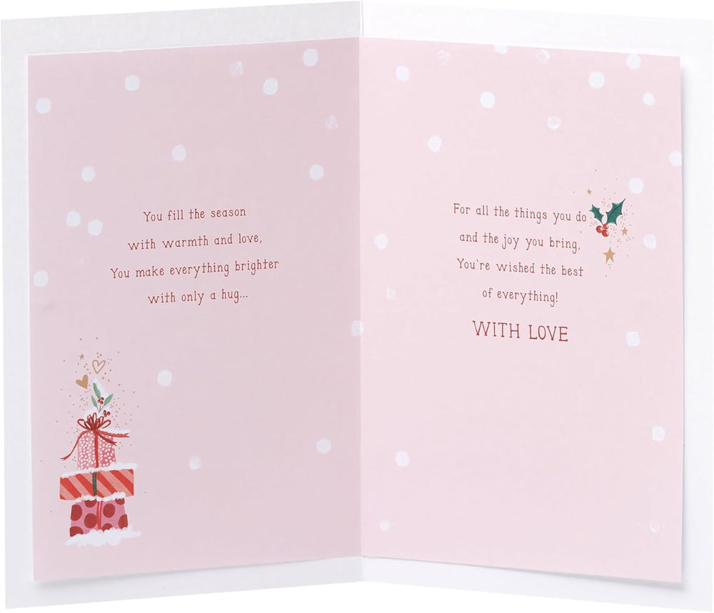 UK Greetings Christmas greeting card for mum featuring hanging ornaments design on the front.
