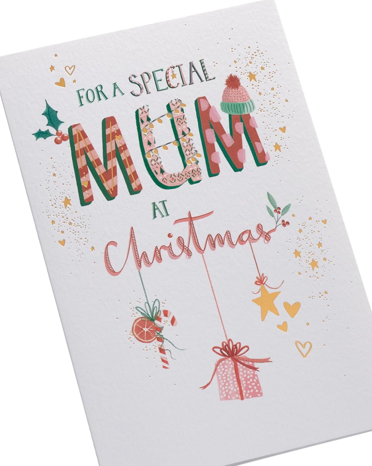UK Greetings Christmas card for mum featuring hanging ornaments design, festive holiday greeting card with colorful ornament illustrations.