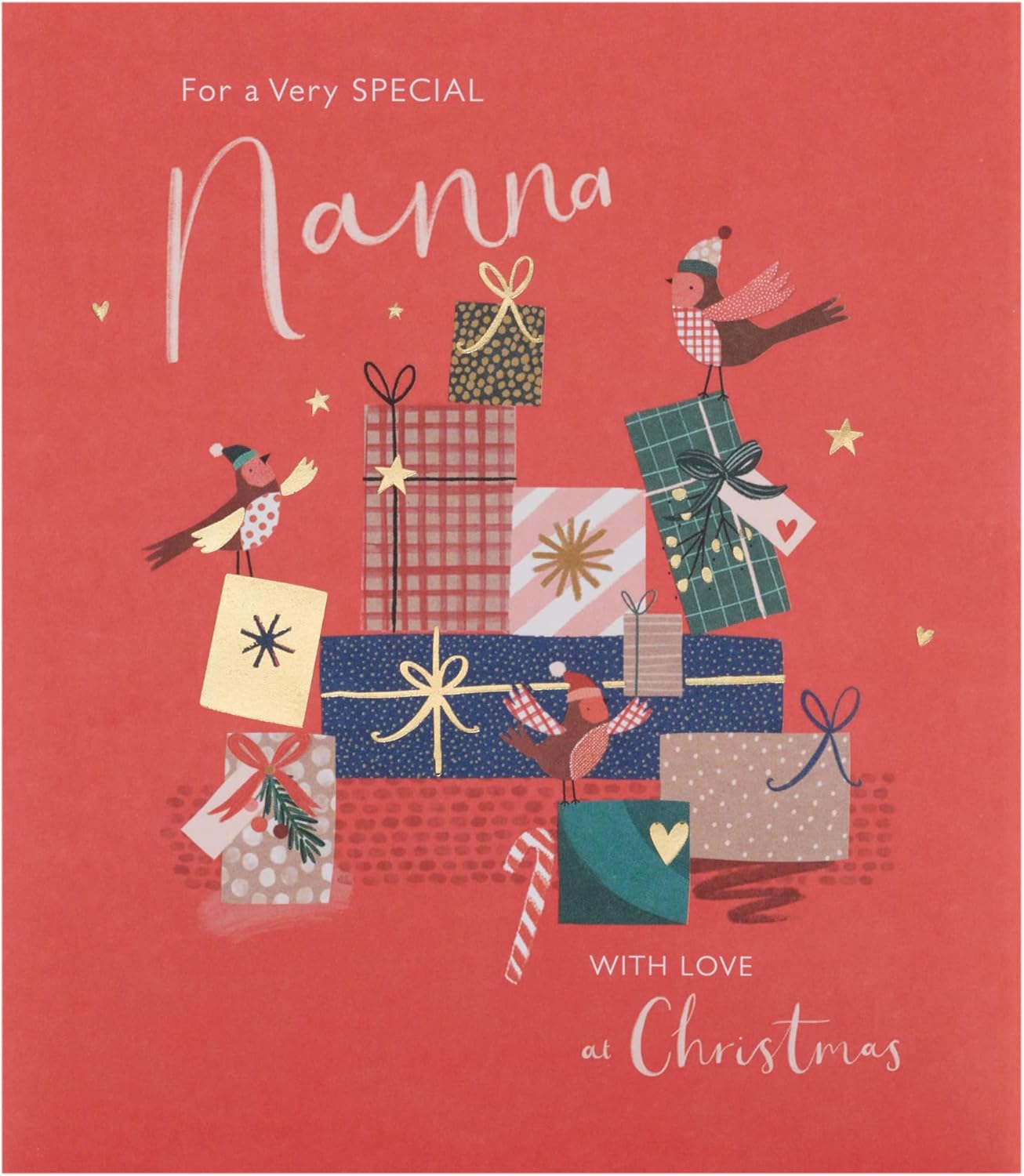 UK Greetings Christmas greeting card for Nanna featuring a festive design with presents, perfect for holiday wishes.