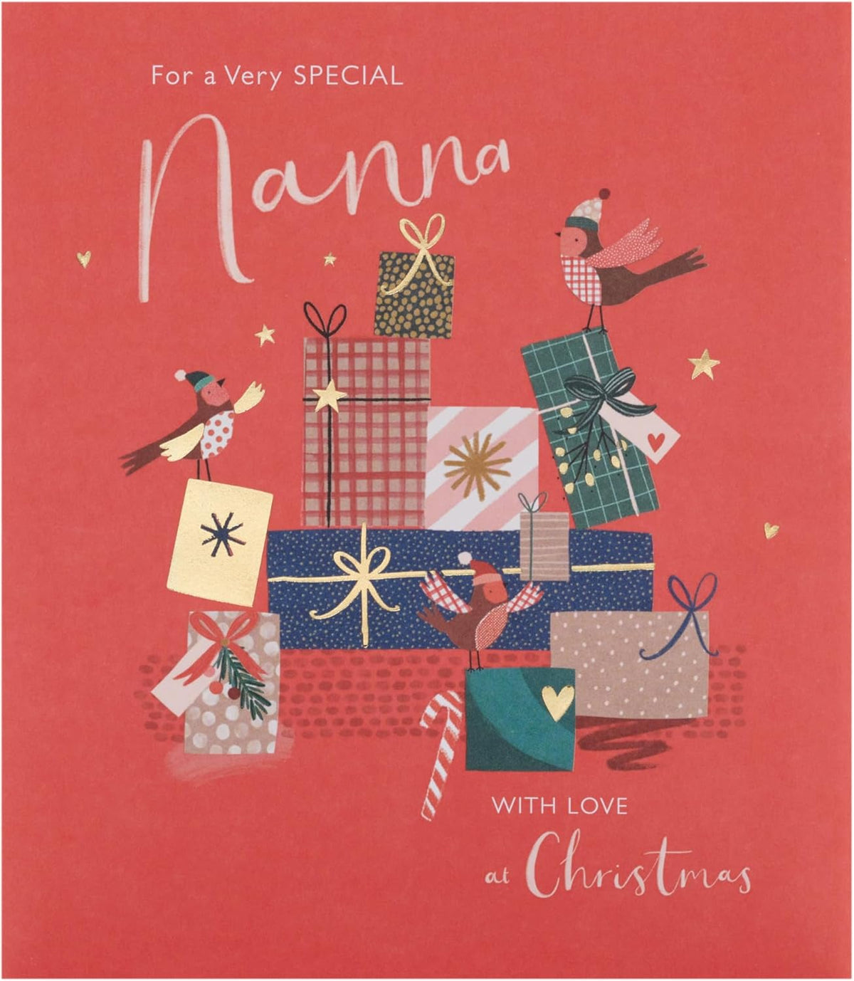 UK Greetings Christmas greeting card for Nanna featuring a festive design with presents, perfect for holiday wishes.