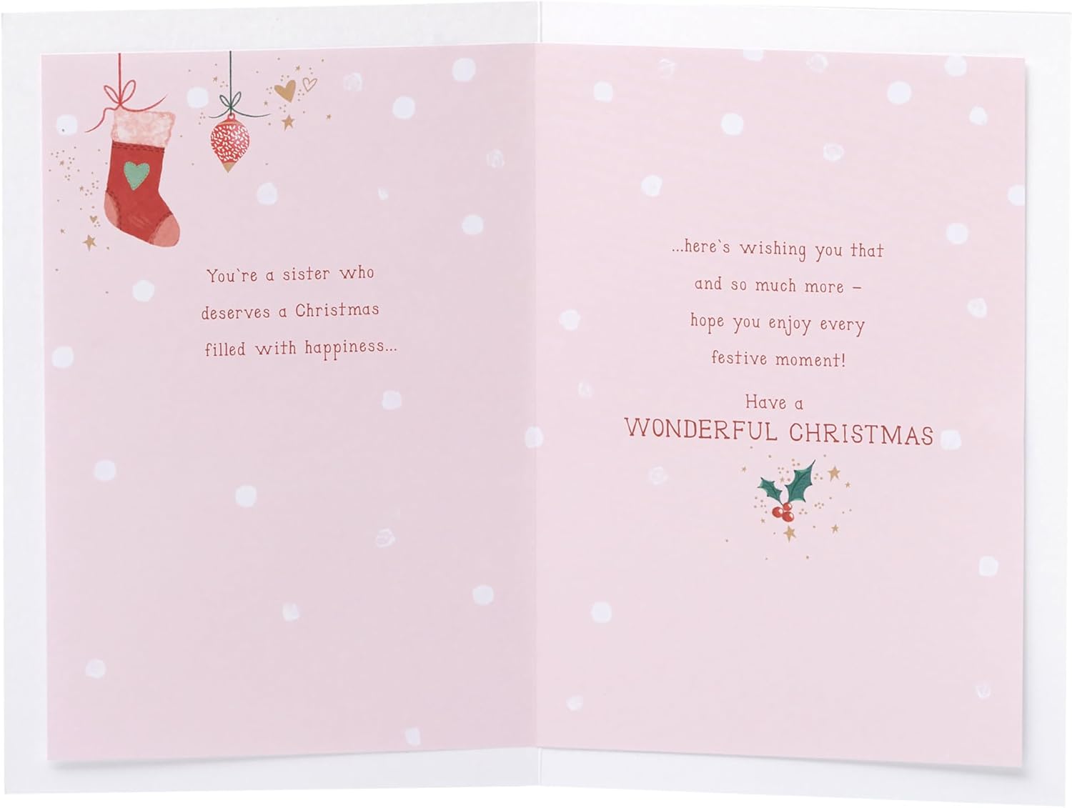 UK Greetings Christmas card for sister featuring hanging ornaments design, with festive holiday imagery.