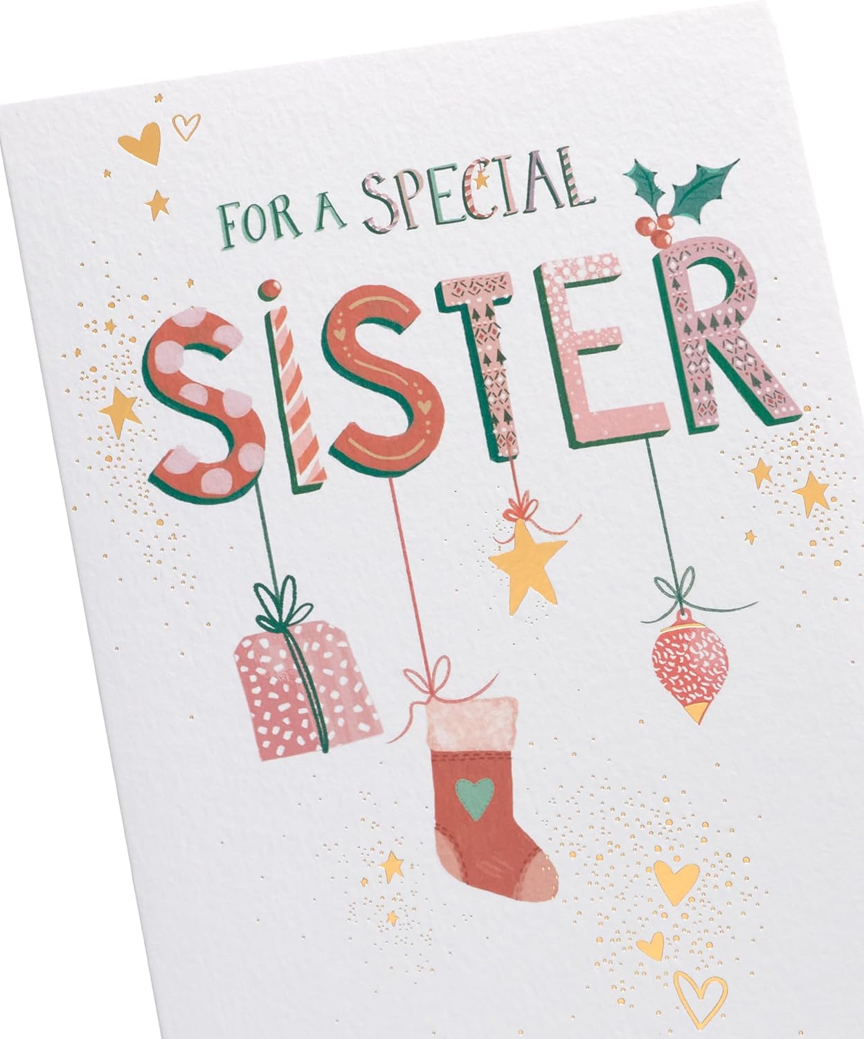 UK Greetings Christmas card for sister featuring hanging ornaments design, colorful festive holiday greeting card.