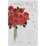 UK Greetings Christmas card for wife featuring a red floral festive design with holiday-themed artwork and decorative elements.