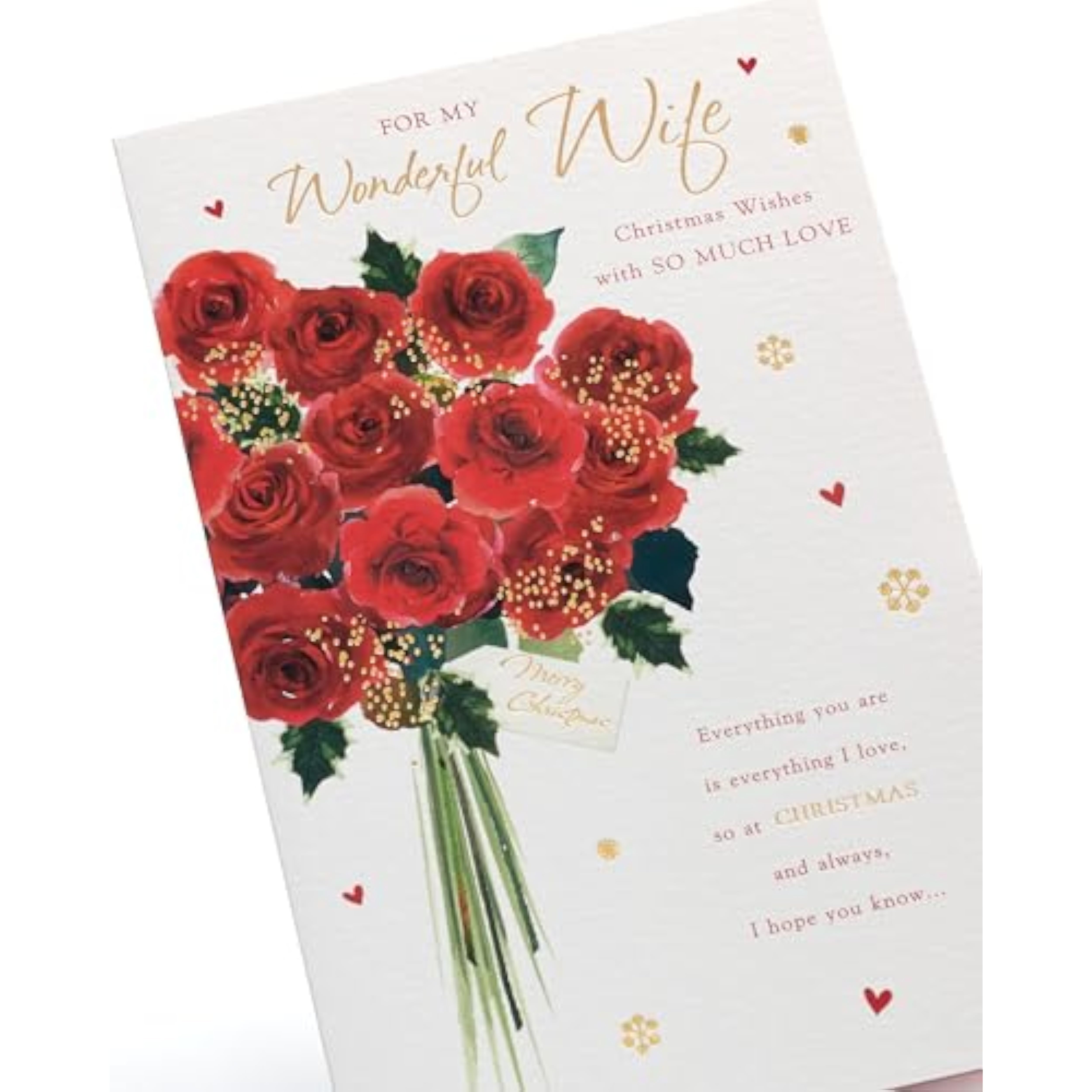 UK Greetings Christmas greeting card for wife featuring a red floral festive design and holiday-themed artwork.