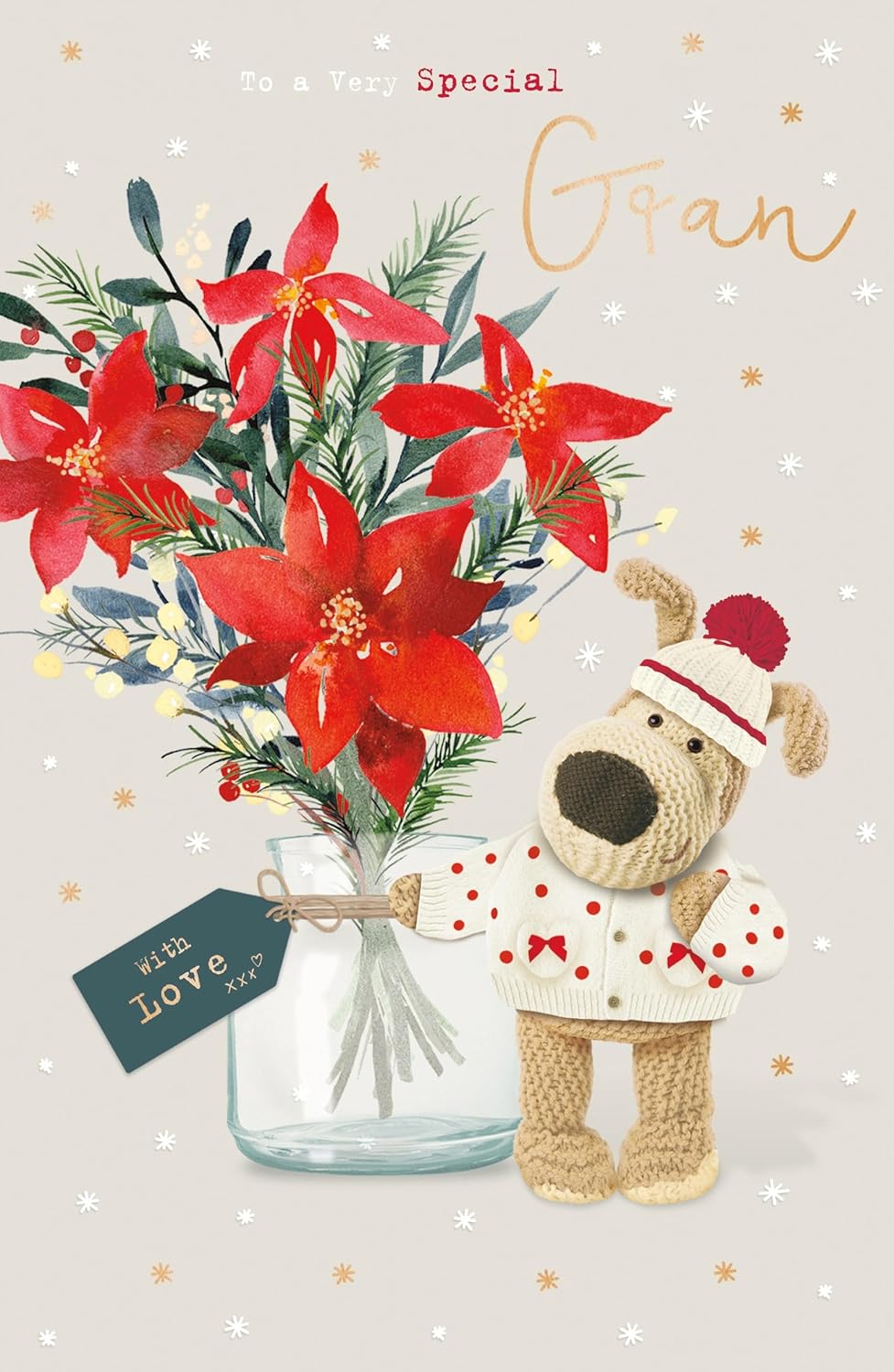 UK Greetings Christmas greeting card for Gran featuring a cute Boofle design with poinsettia blooms and festive holiday imagery.
