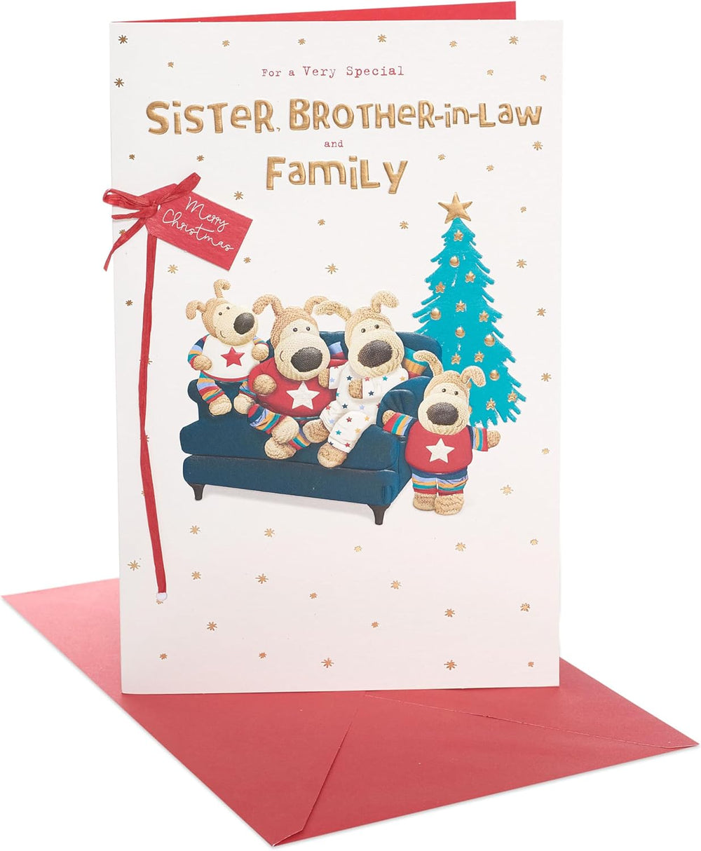 UK Greetings Christmas greeting card featuring a cute Boofle dog design, perfect for sister, brother-in-law, and family.