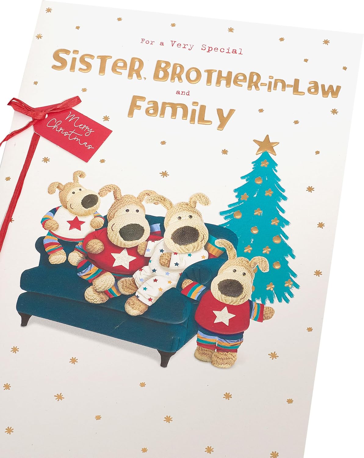 UK Greetings Christmas greeting card featuring a cute Boofle dog design for sister, brother-in-law, and family.