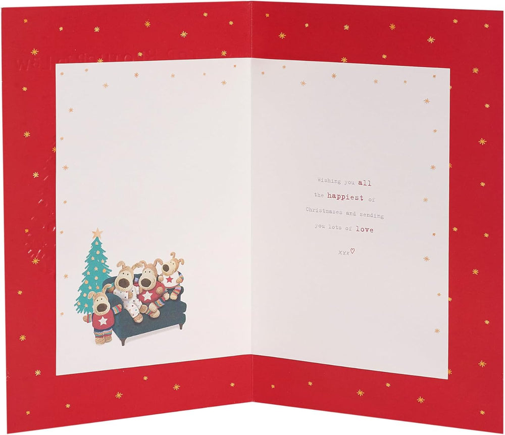 UK Greetings Christmas greeting card for sister, brother-in-law, and family featuring a cute Boofle dog design.