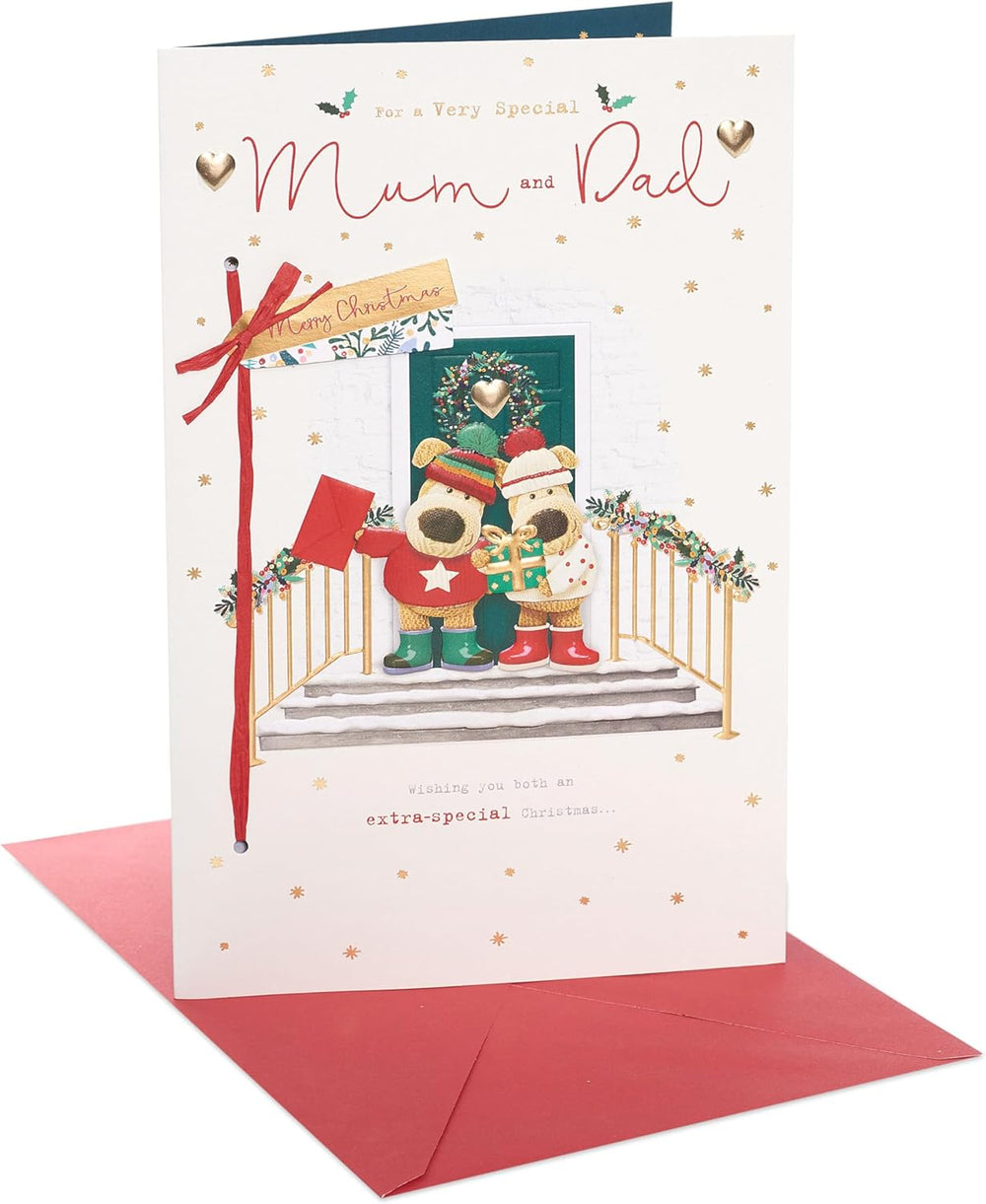 UK Greetings Christmas greeting card for Mum and Dad featuring a cute Boofle dog design with festive embellishments.