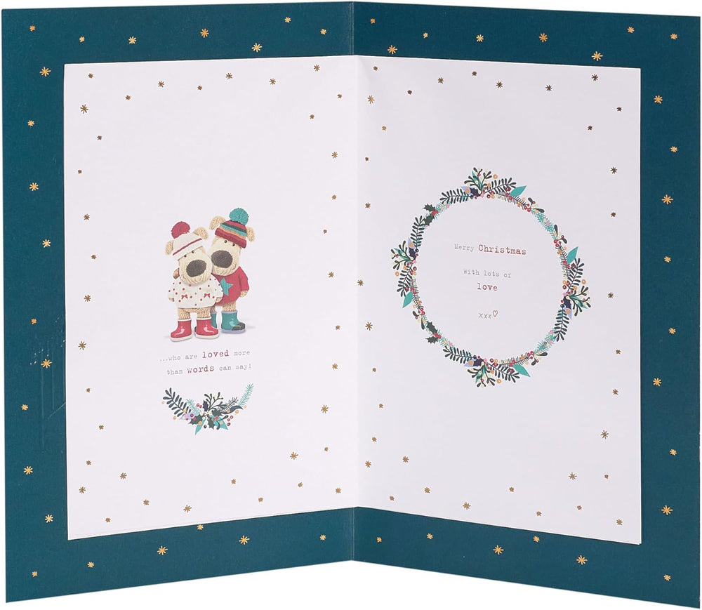 UK Greetings Christmas greeting card for Mum and Dad featuring a cute Boofle dog illustration with festive embellishments.