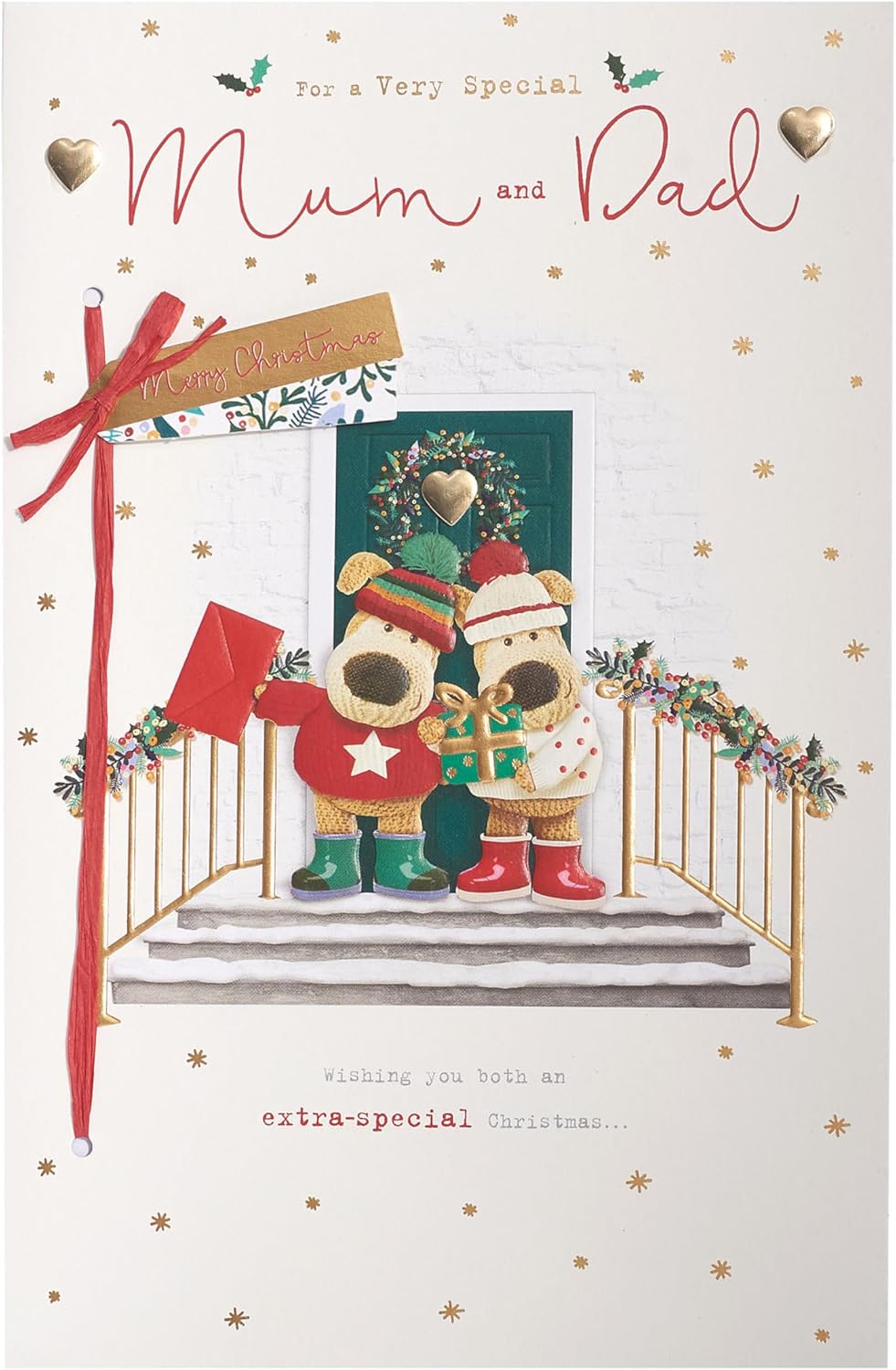 UK Greetings Christmas greeting card featuring a cute Boofle dog design, perfect for special Mum and Dad holiday wishes.