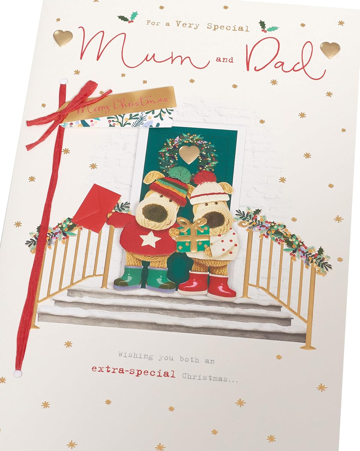 UK Greetings Christmas greeting card featuring a cute Boofle dog embellishment for Mum and Dad, with festive holiday design.