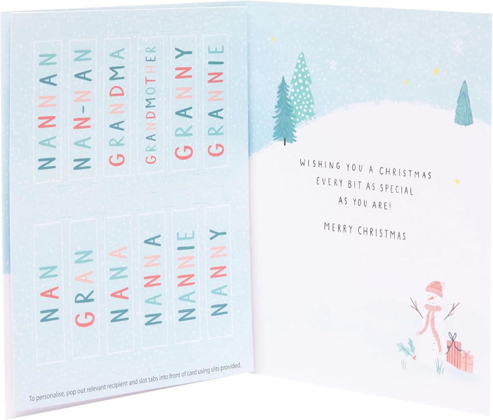 UK Greetings grandmother Christmas card with festive multi-caption design, featuring holiday-themed illustrations and cheerful messages.