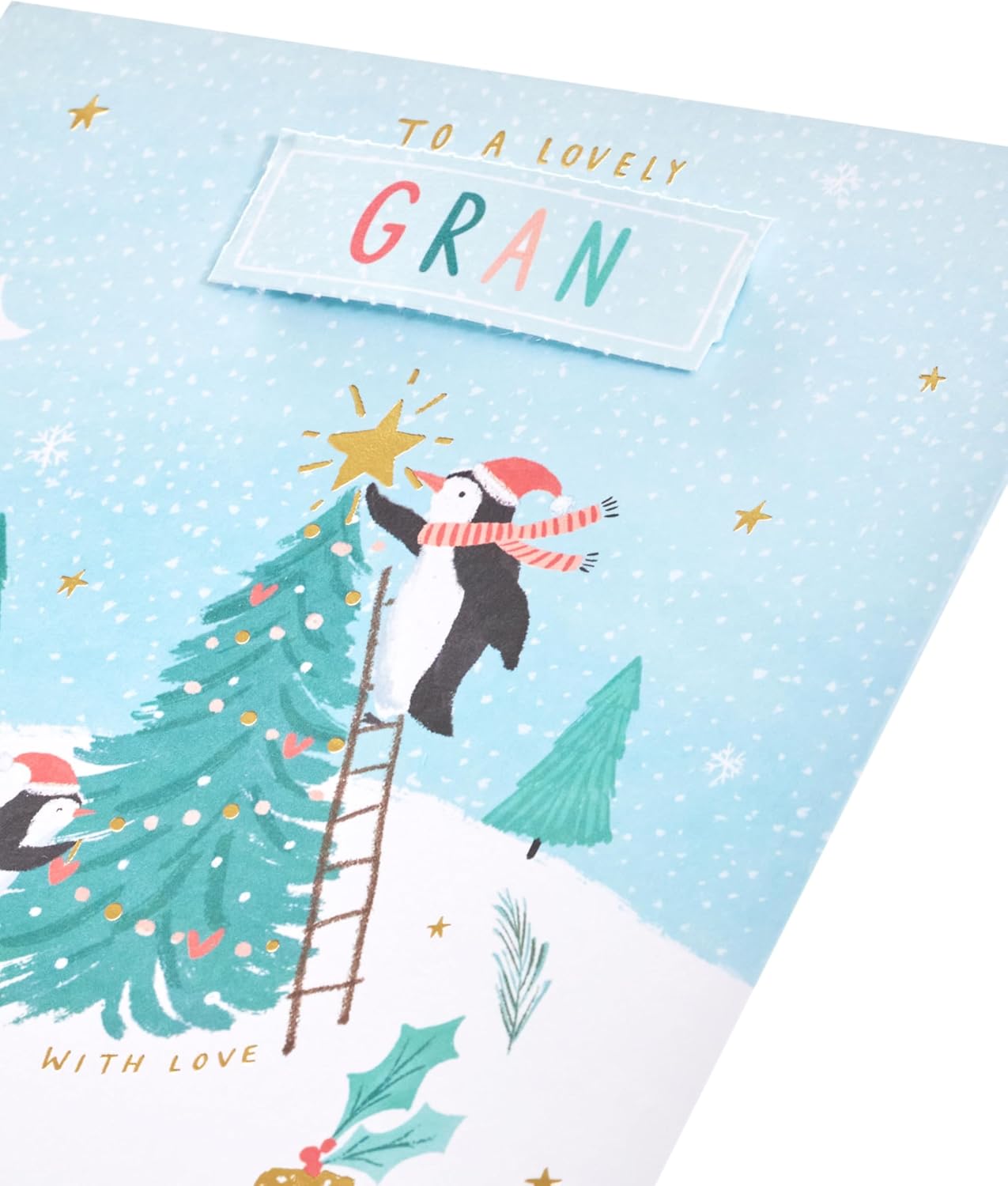 UK Greetings Christmas greeting card for grandmother featuring a festive multi-caption design and holiday-themed illustrations.