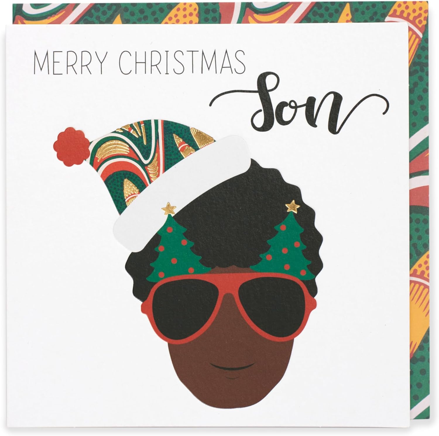 UK Greetings Kindred X Afrotouch Son Christmas card featuring bold, stylish festive design with holiday greeting and decorative elements.