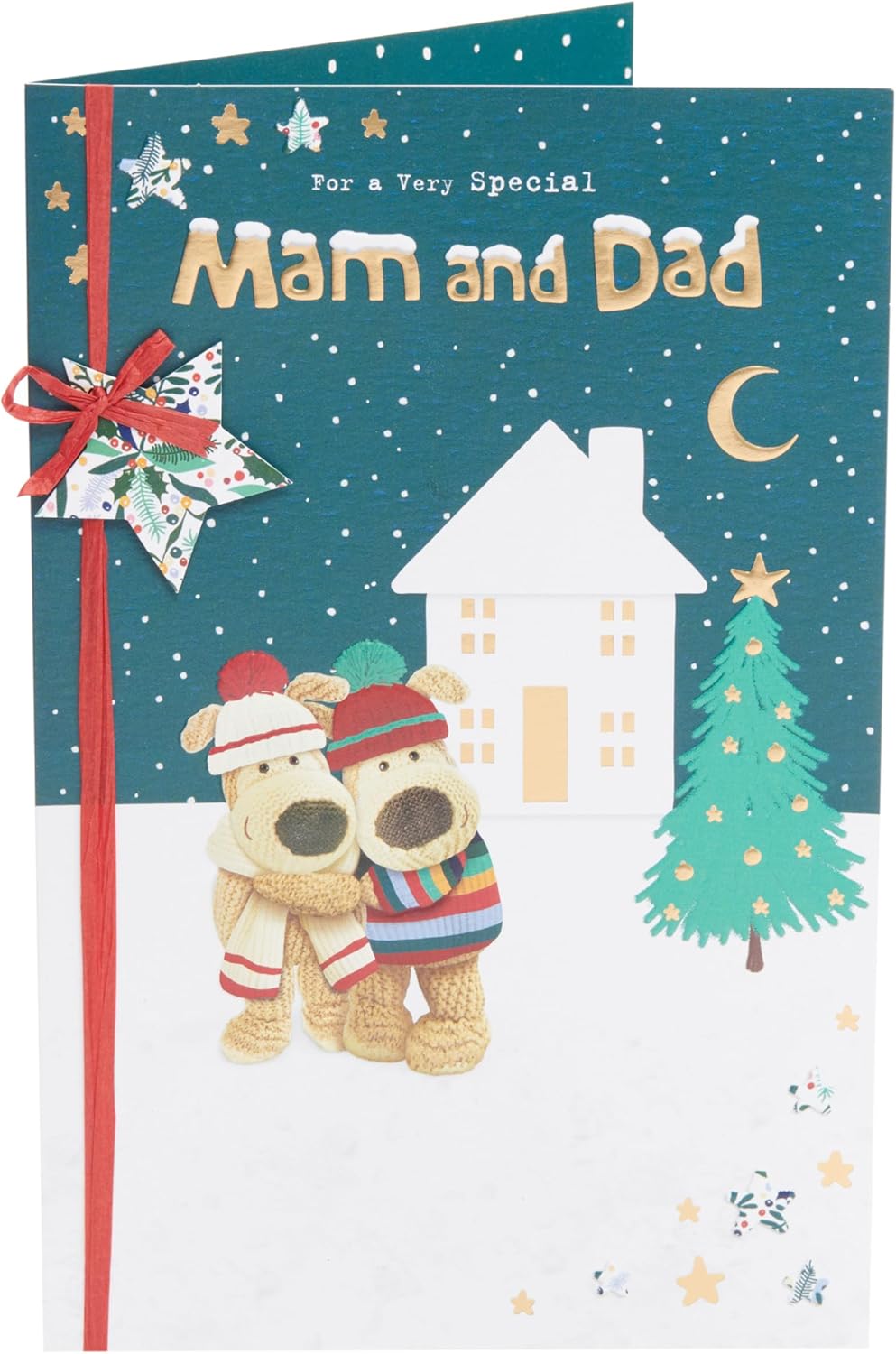 UK Greetings Mam and Dad Christmas greeting card featuring a cute Boofles character outside a festive house.