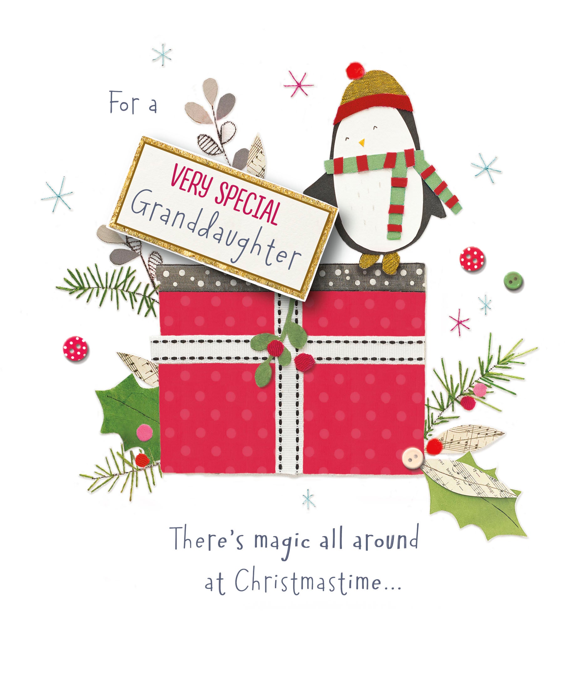 UK Greetings Christmas greeting card featuring a cute penguin holding a present for a special granddaughter.