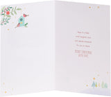 UK Greetings Christmas greeting card featuring a snow globe with robins and a granddaughter, with colorful multi-caption design.