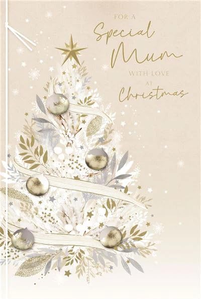 UK Greetings Christmas greeting card featuring a decorated tree with foil, embossed details, and twine embellishment.