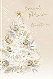 UK Greetings Christmas greeting card featuring a decorated tree with foil, embossed details, and twine embellishment.
