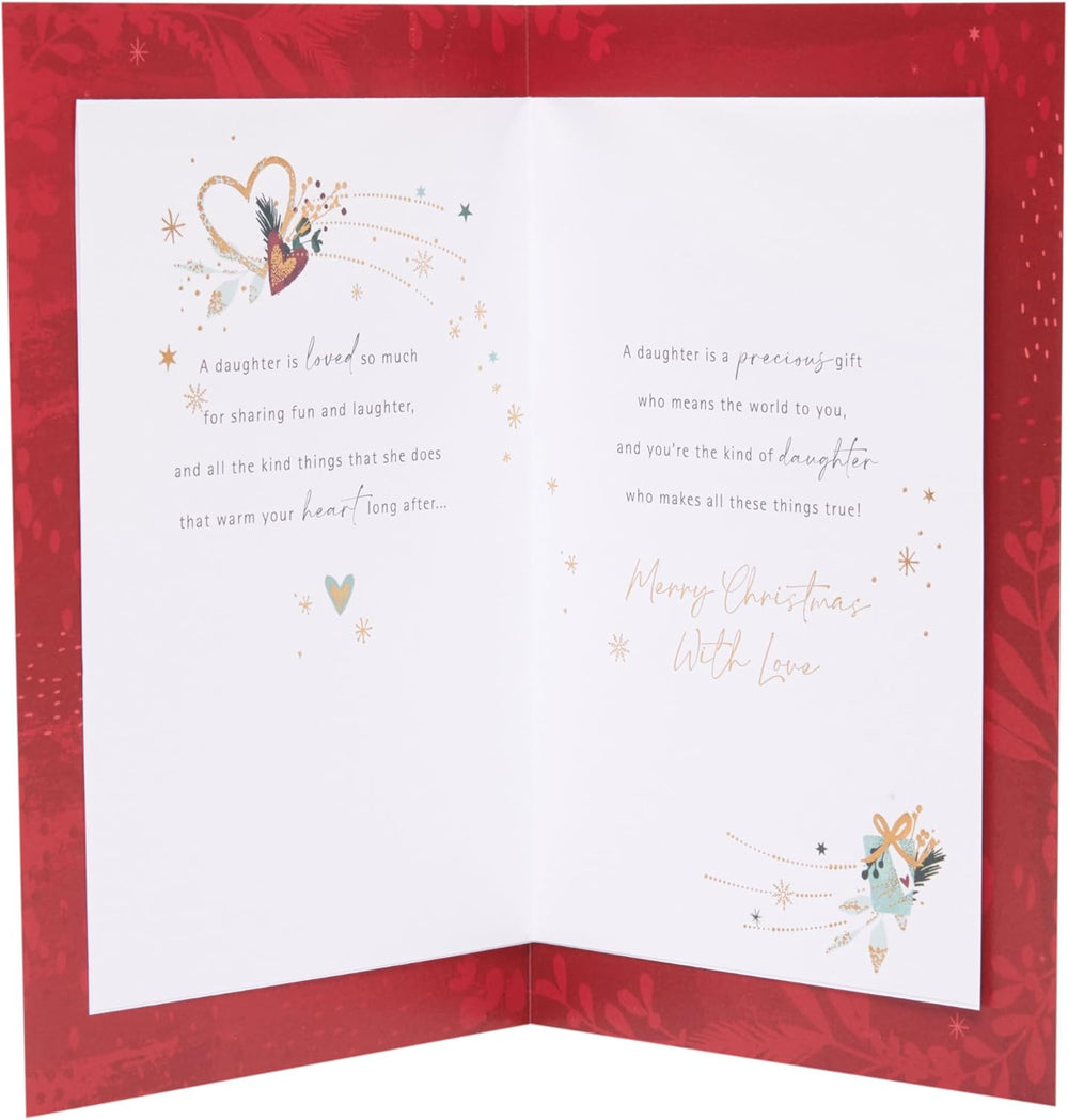 UK Greetings Daughter Christmas Card featuring festive integrated design for holiday greeting and warm wishes to loved ones