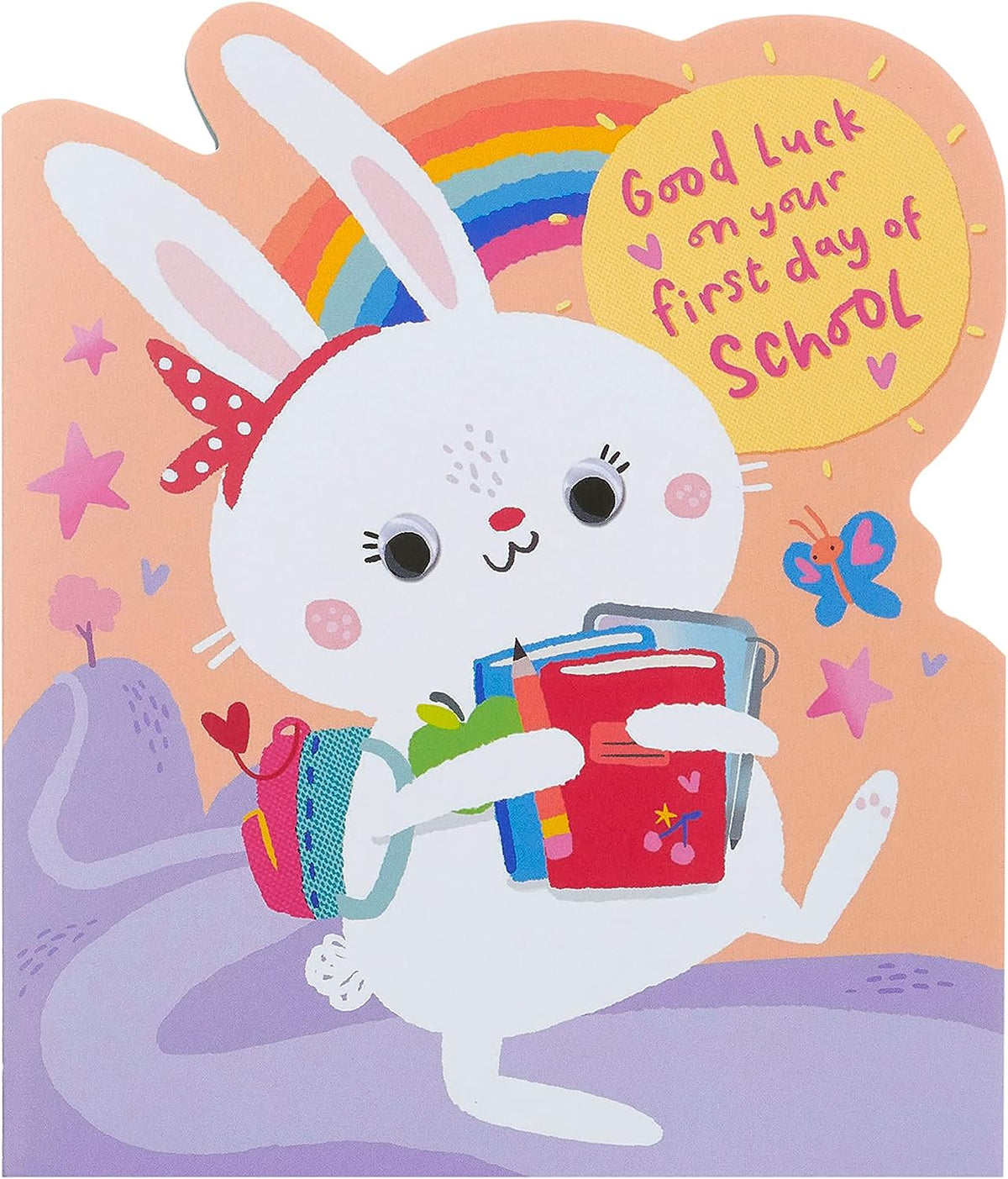 UK Greetings Cute Bunny First Day at School Card featuring an adorable cartoon bunny design for celebrating the start of school.