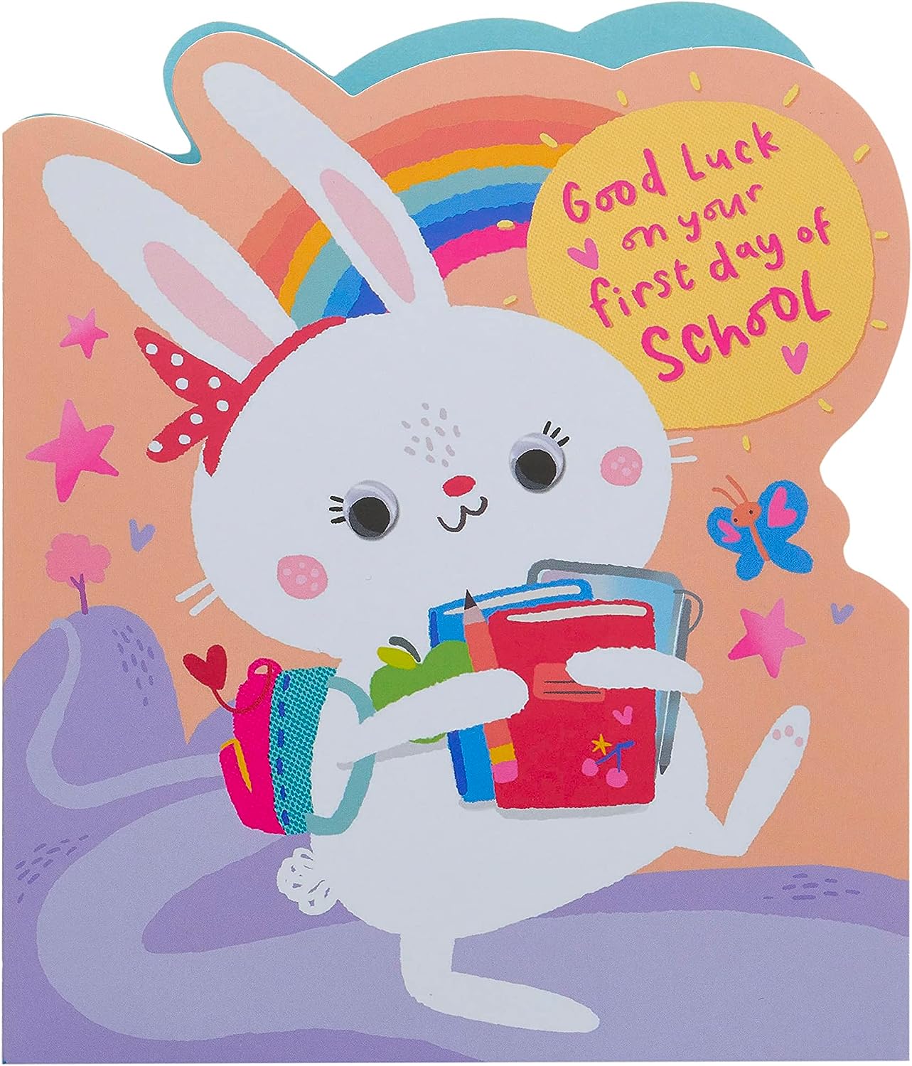 UK Greetings cute bunny first day at school card featuring an adorable cartoon bunny design for celebrating new school beginnings.