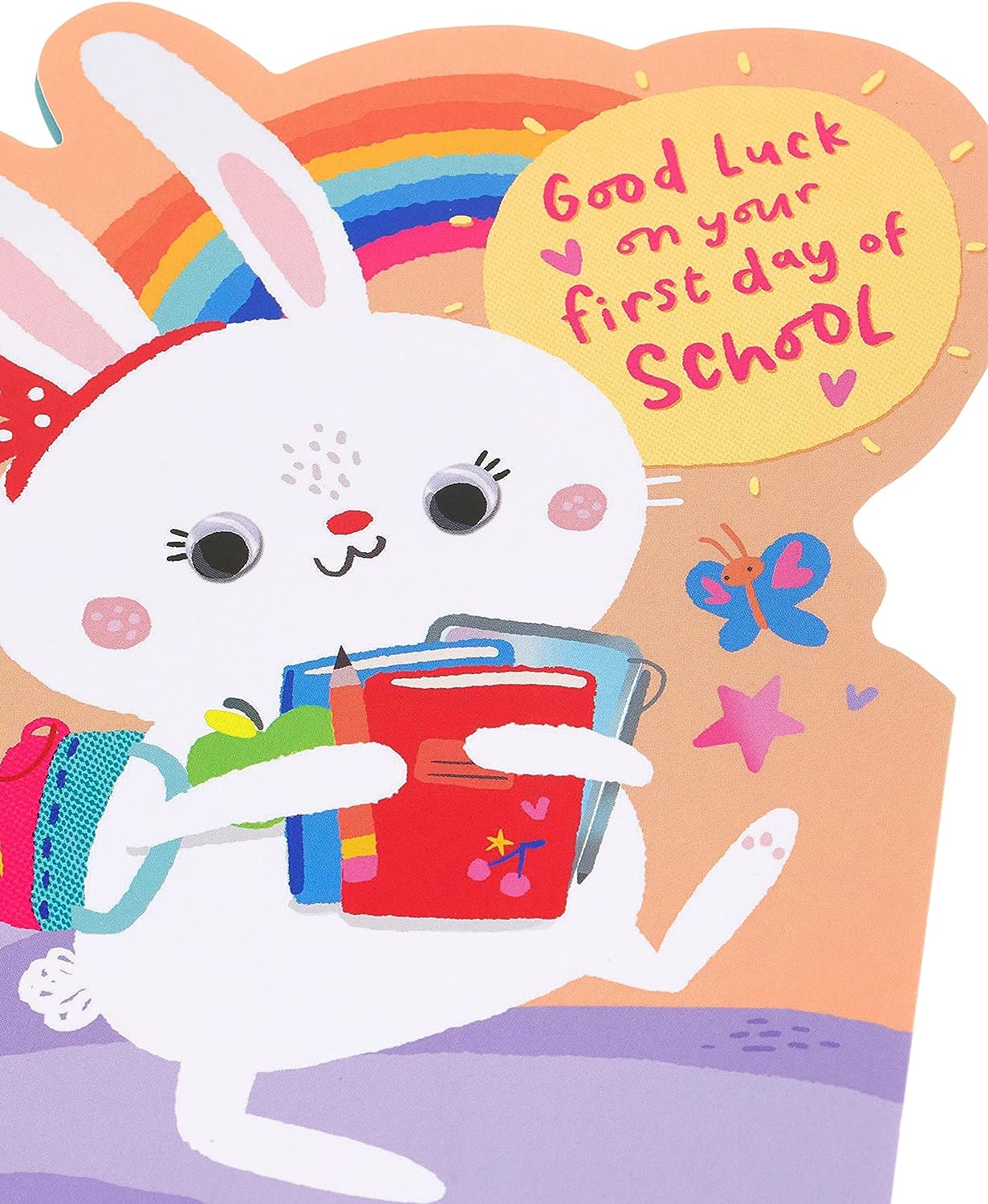 UK Greetings cute bunny first day at school card featuring an adorable cartoon bunny design for celebrating new school adventures.