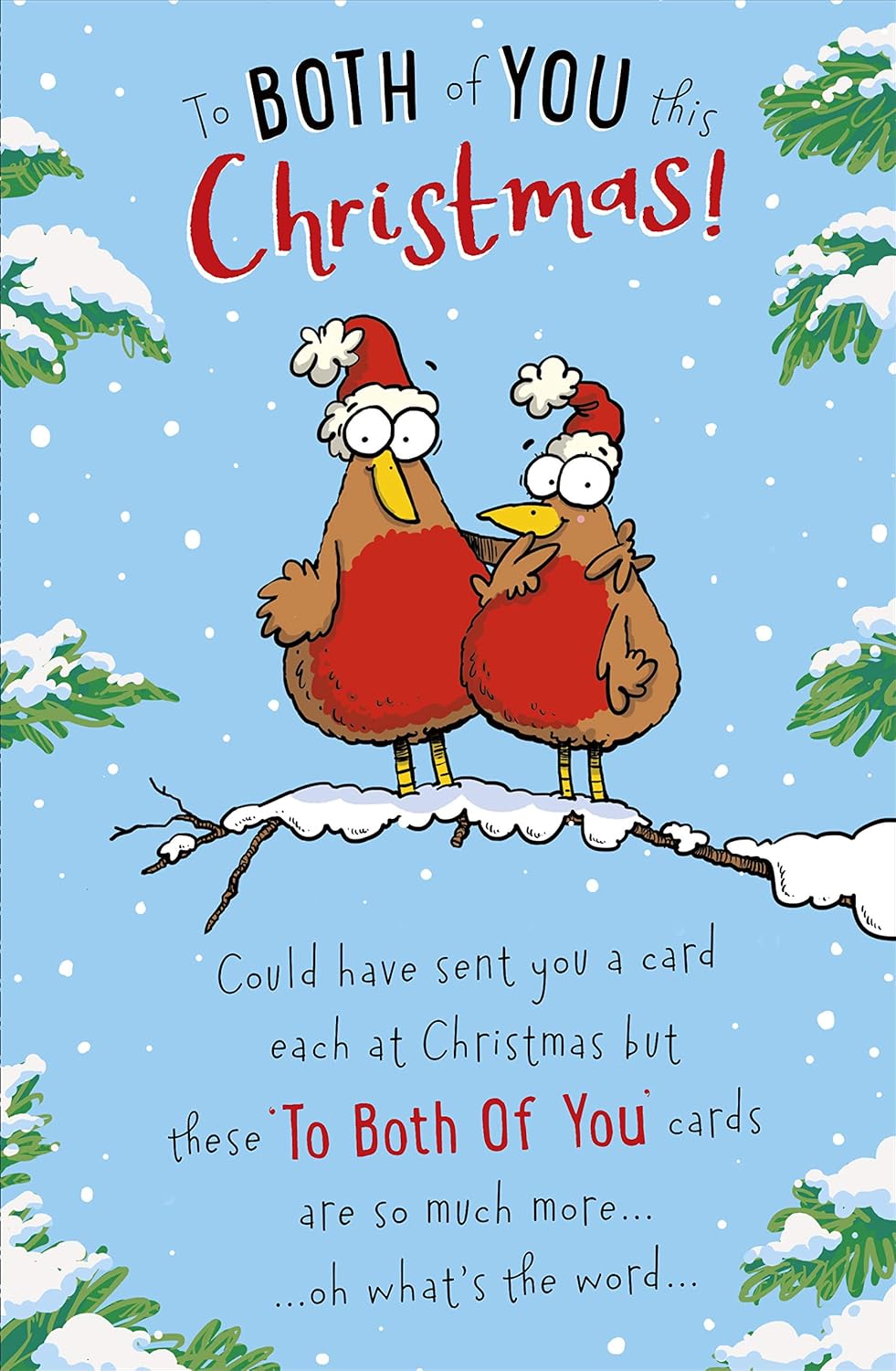 Funny Robin Couple Christmas Card by UK Greetings featuring a humorous illustration of a robin pair for the holiday season