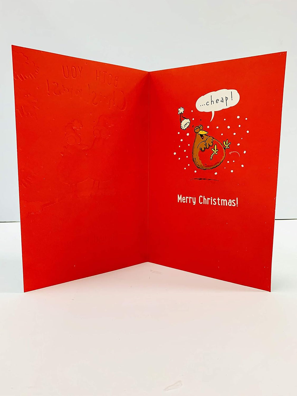 Funny Robin Couple Christmas Card by UK Greetings featuring a humorous holiday illustration of a robin couple.