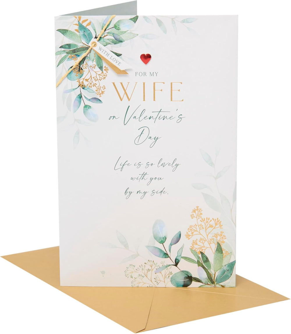UK Greetings Valentine's Day card for wife with beautiful leaves design, featuring elegant floral artwork on the front.