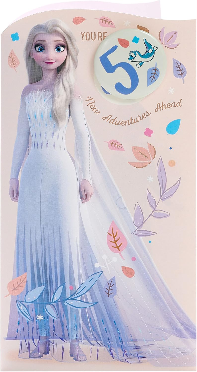 Disney Frozen Elsa birthday card by UK Greetings featuring Princess Elsa, adventure ahead theme, with a badge for a 5th birthday celebration.