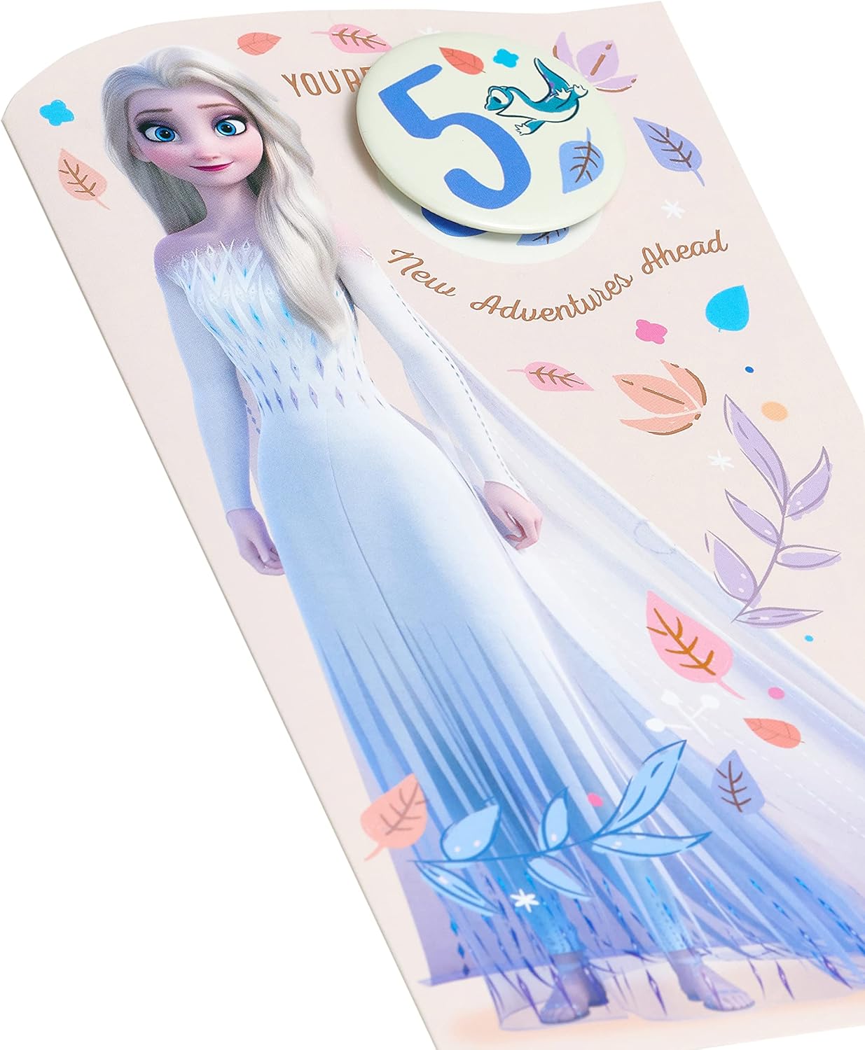 Disney Frozen Elsa birthday card by UK Greetings featuring a princess design and a badge for a 5th birthday celebration.