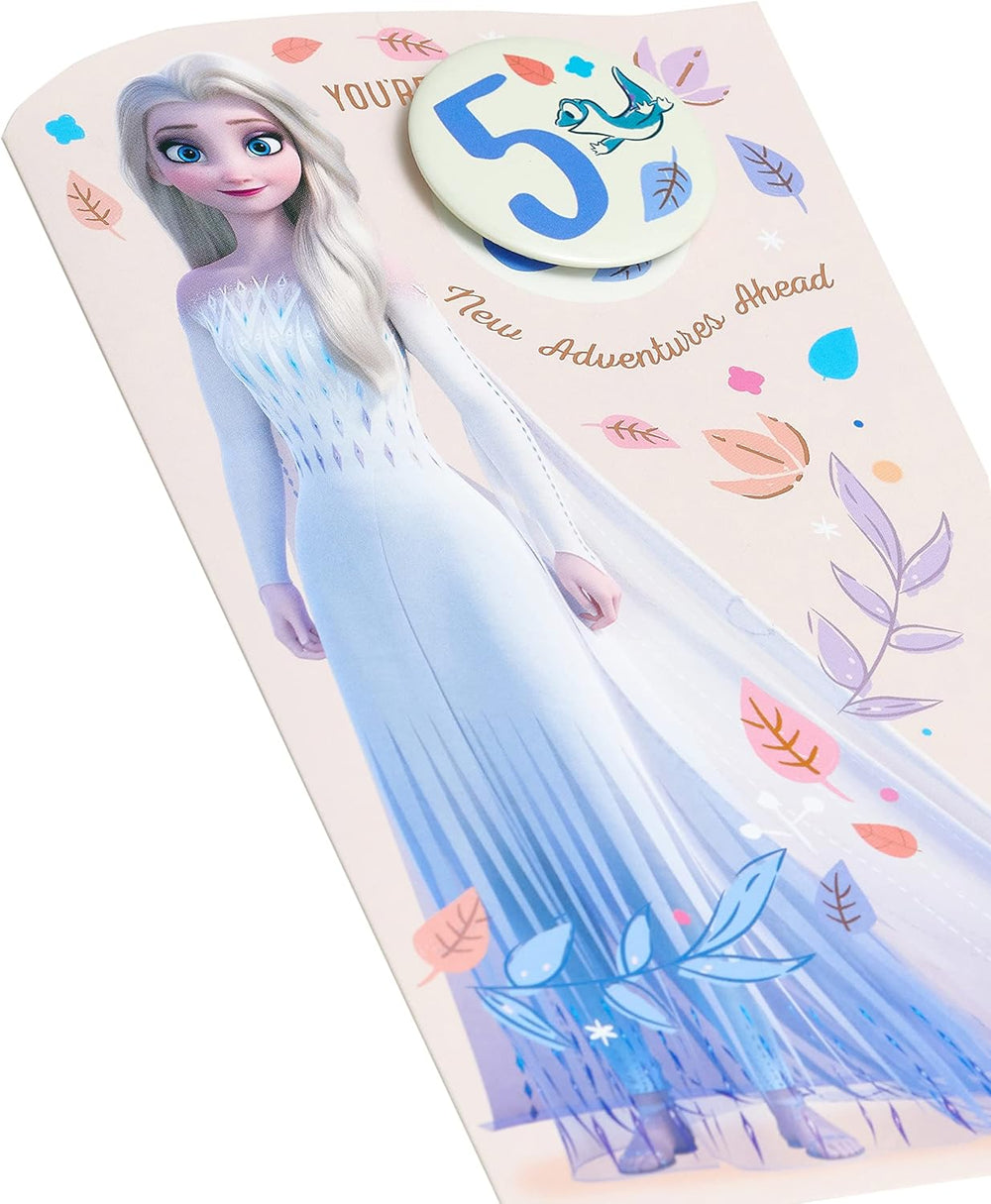 Disney Frozen Elsa birthday card by UK Greetings featuring a princess design and a badge for a 5th birthday celebration.