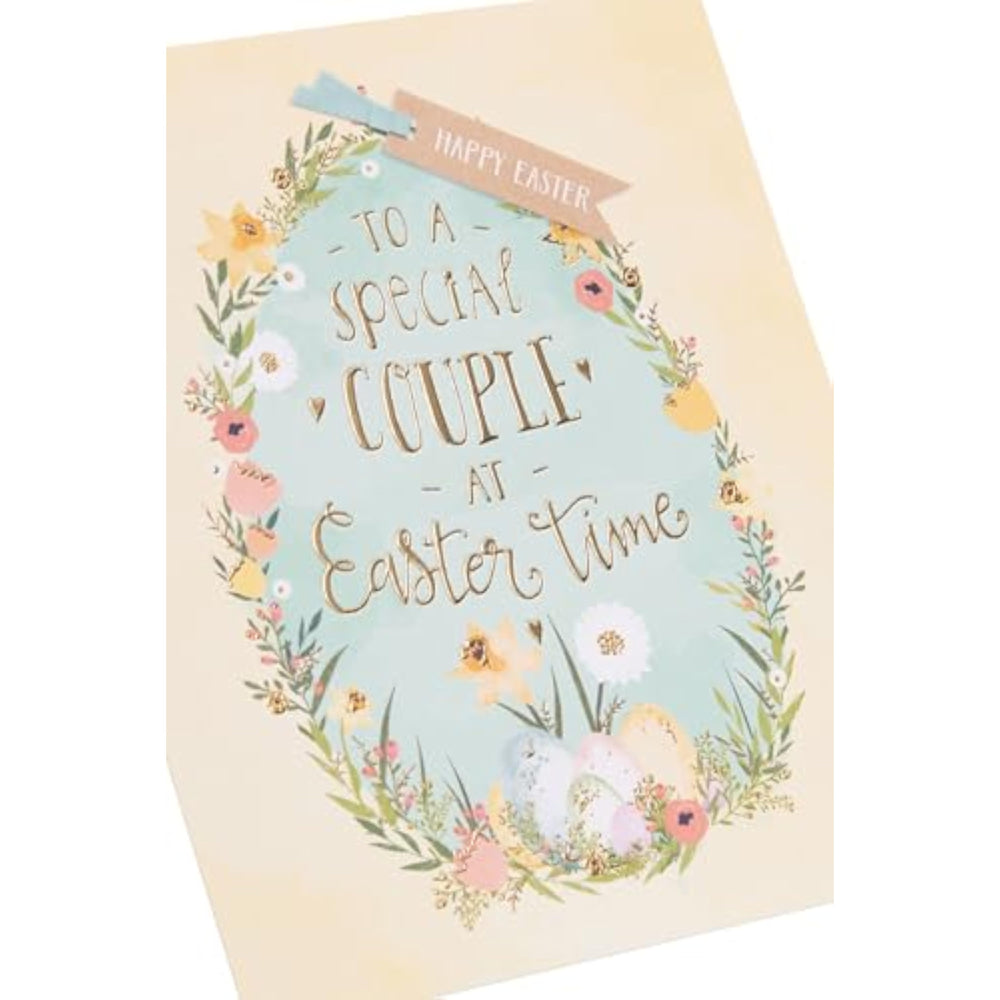 UK Greetings Easter Card for a Special Couple featuring a floral eggs design, with colorful spring-themed illustrations.