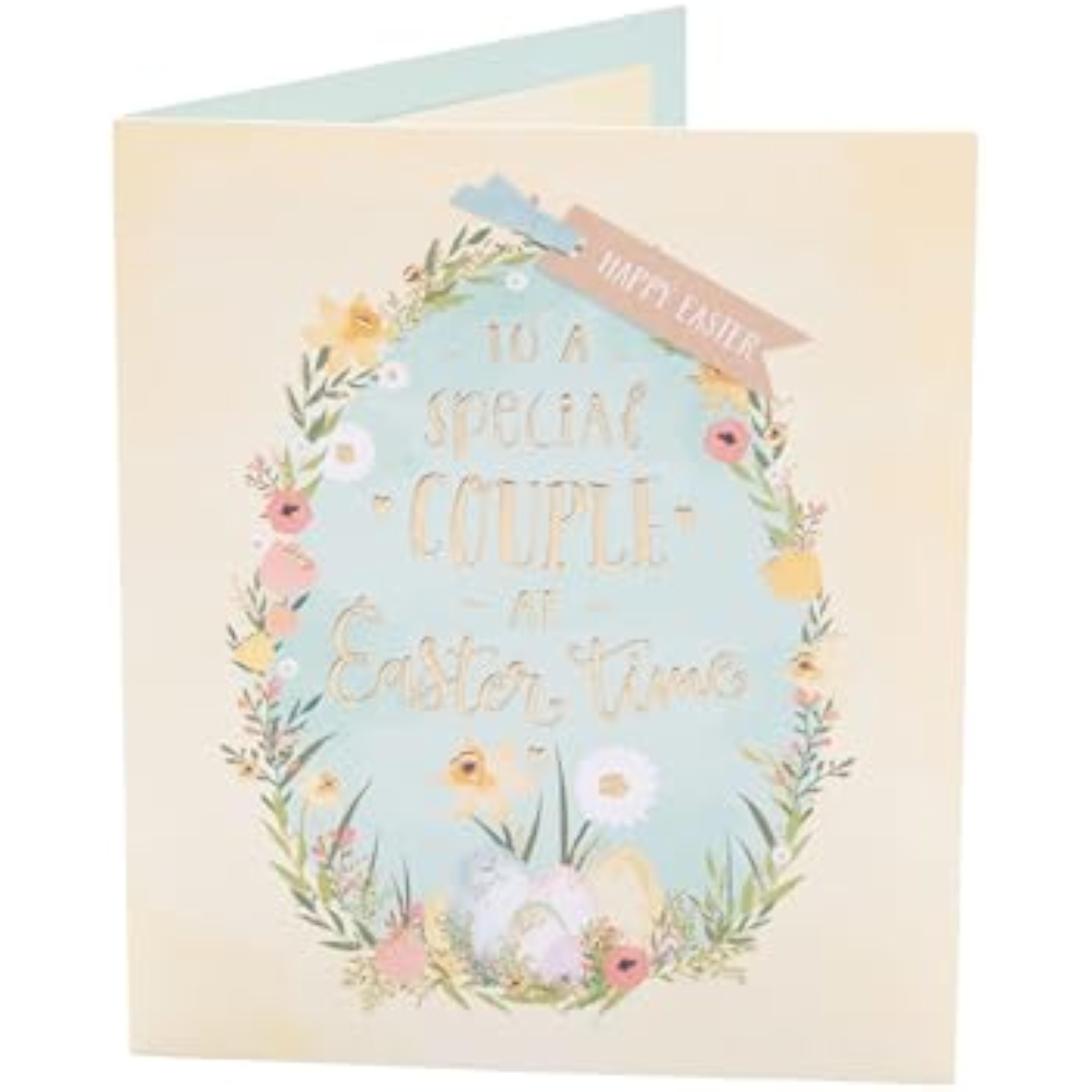 UK Greetings Easter card for a special couple featuring a floral eggs design with colorful spring flowers and festive Easter motifs.