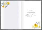 UK Greetings Easter card featuring daffodil illustrations and artistic design for celebrating spring and Easter.