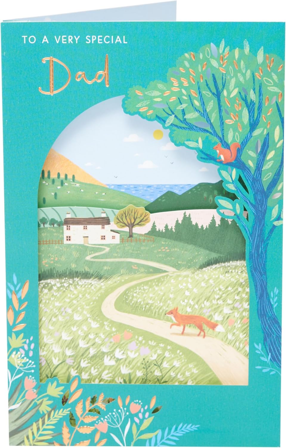 UK Greetings Father's Day card with rustic country scene design for dad, featuring nature-inspired artwork.