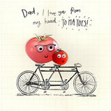 UK Greetings Father’s Day card featuring colorful tomatoes and playful "I Love You from My Head" design with embellishments.