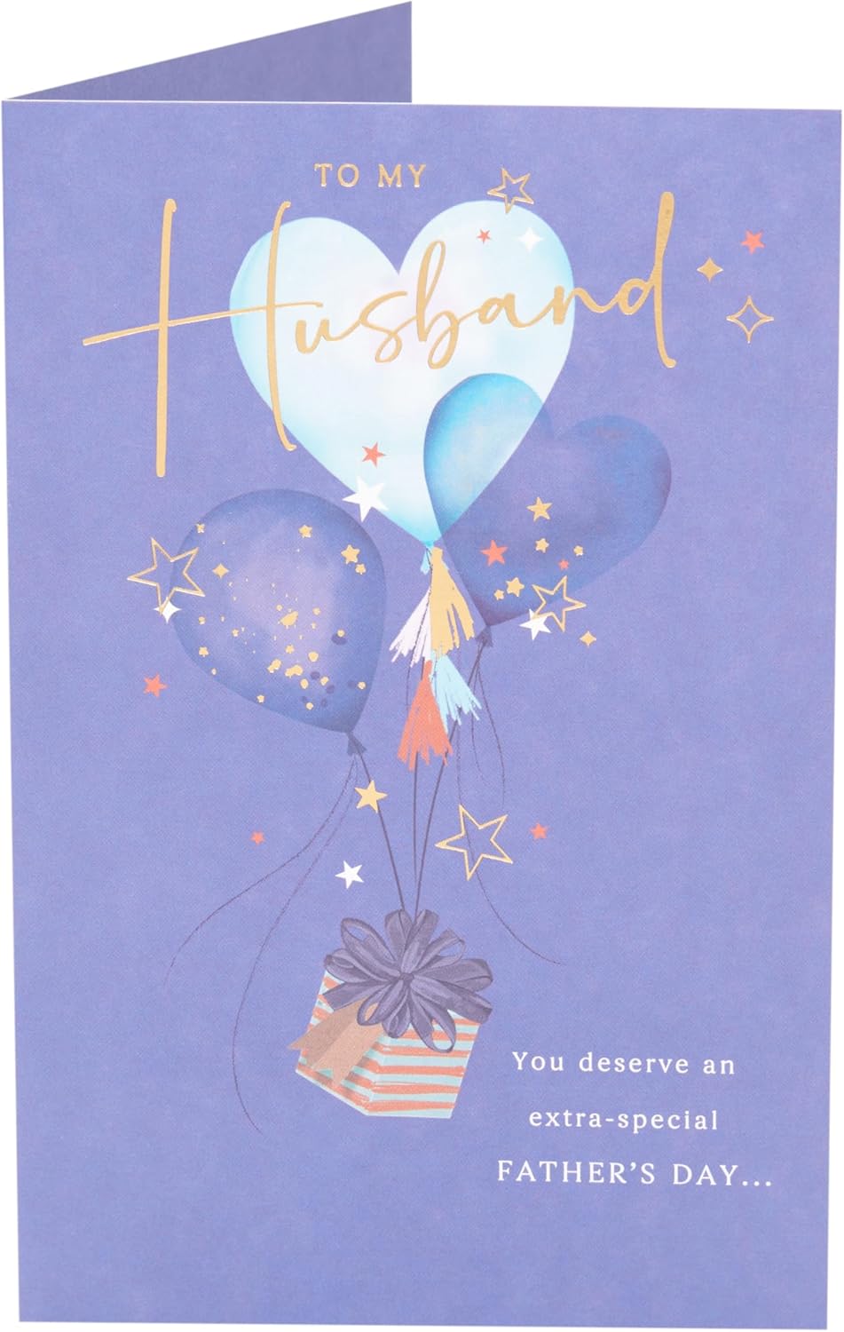 UK Greetings romantic Father’s Day card for husband featuring gift and heart balloons design, ideal for celebrating Father’s Day.