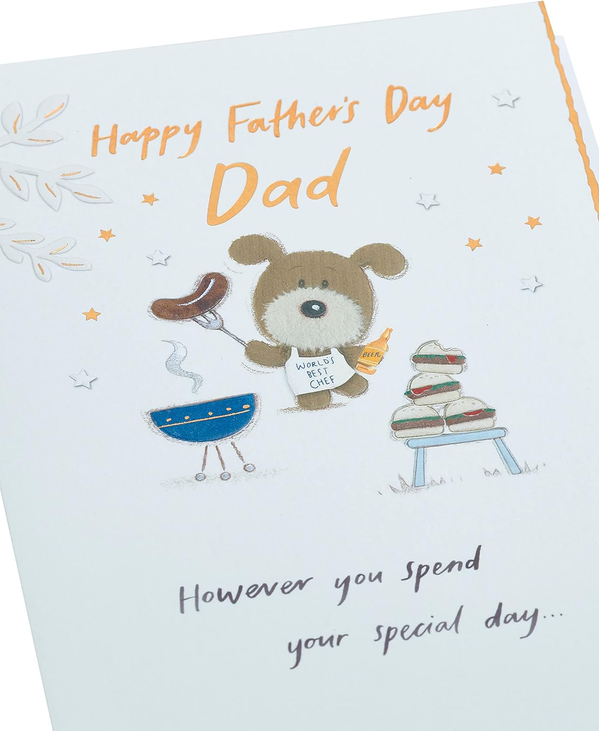 UK Greetings Father's Day card featuring a sweet barbeque design for Dad, with colorful illustrations and cheerful message.